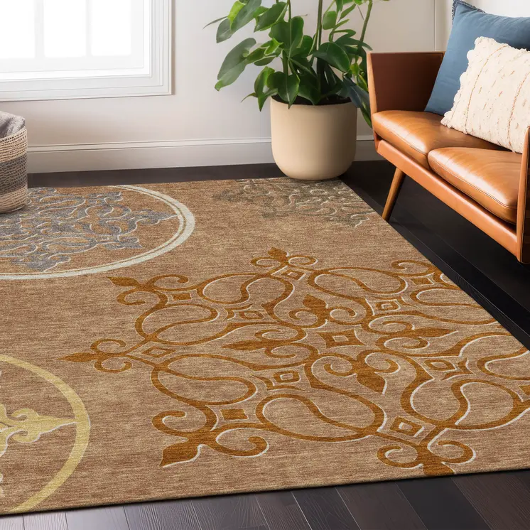 5' X 8' Terra Cotta Gold And Gray Floral Medallion Washable Indoor Outdoor Area Rug