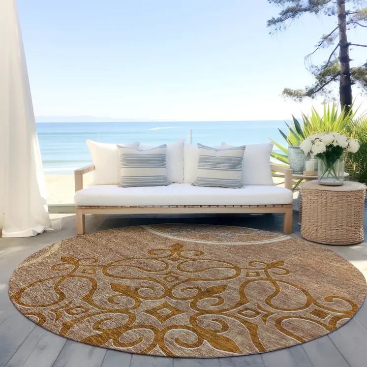 8' Terra Cotta Gold And Gray Round Floral Medallion Washable Indoor Outdoor Area Rug
