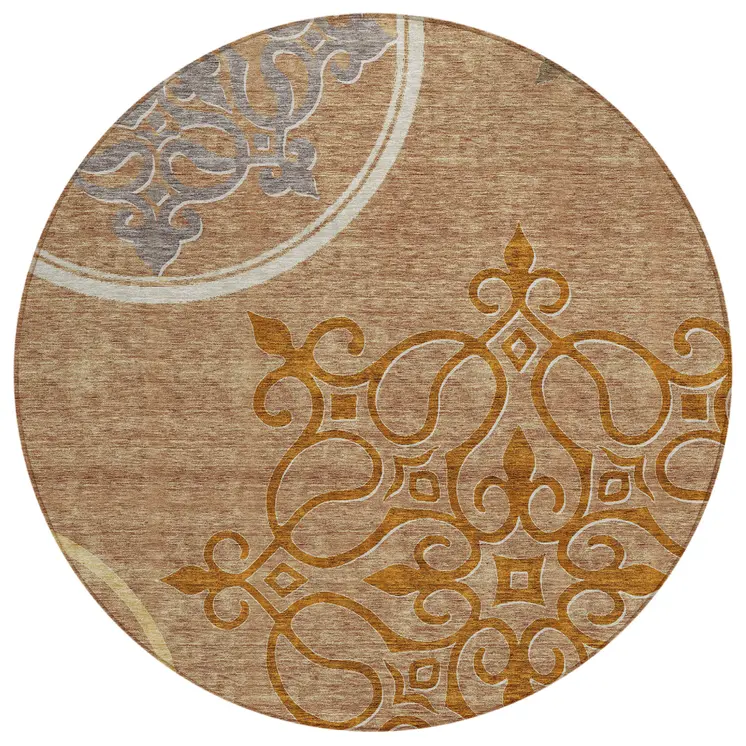 8' Terra Cotta Gold And Gray Round Floral Medallion Washable Indoor Outdoor Area Rug