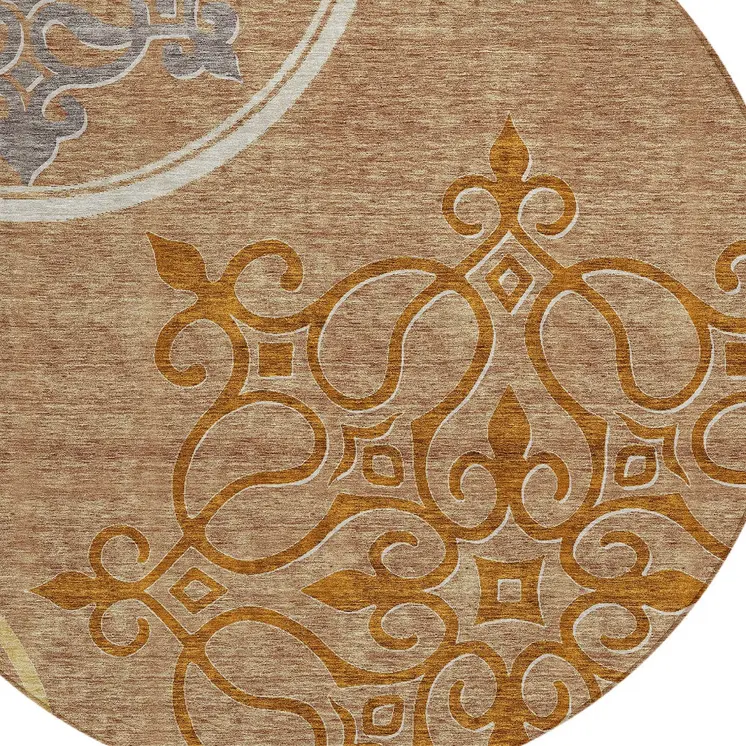 8' Terra Cotta Gold And Gray Round Floral Medallion Washable Indoor Outdoor Area Rug