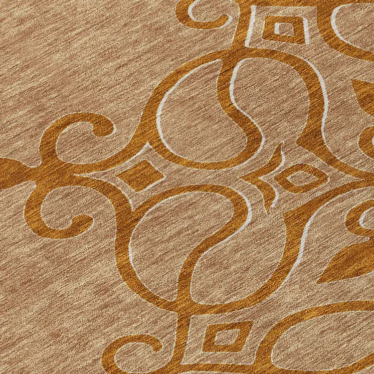 8' Terra Cotta Gold And Gray Round Floral Medallion Washable Indoor Outdoor Area Rug