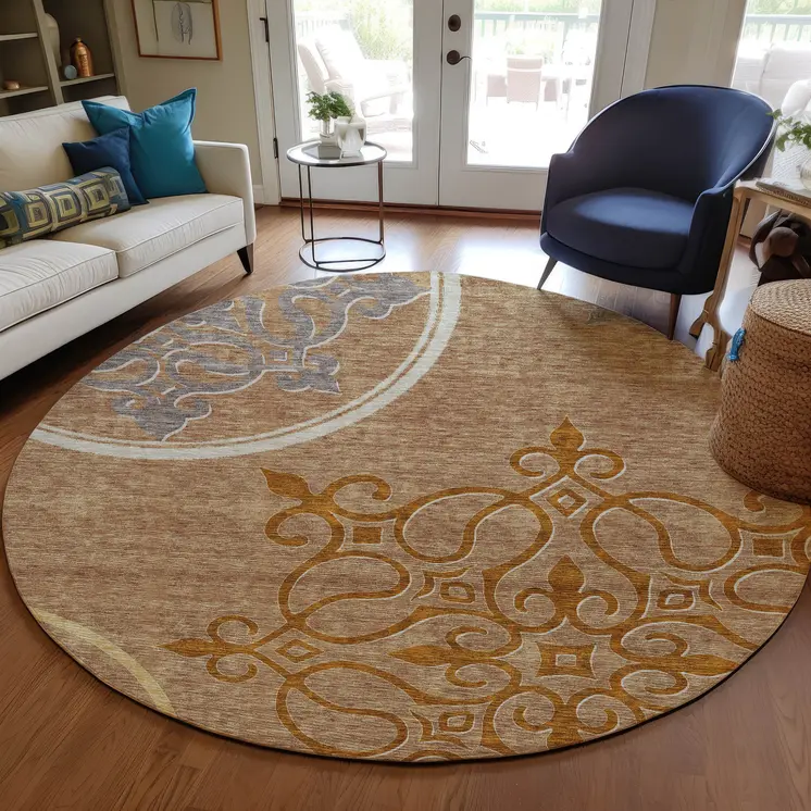8' Terra Cotta Gold And Gray Round Floral Medallion Washable Indoor Outdoor Area Rug