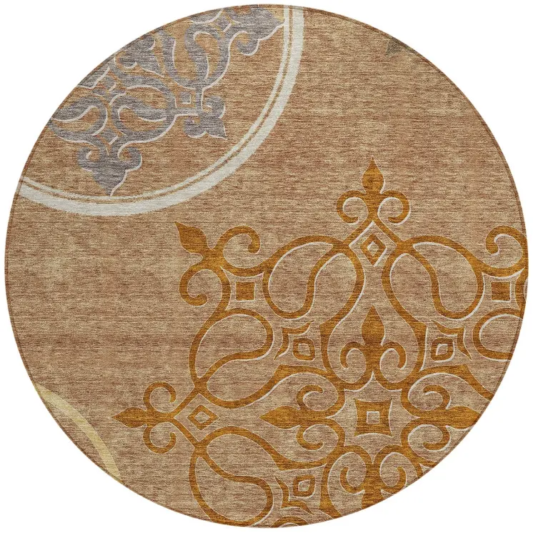 8' Terra Cotta Gold And Gray Round Floral Medallion Washable Indoor Outdoor Area Rug