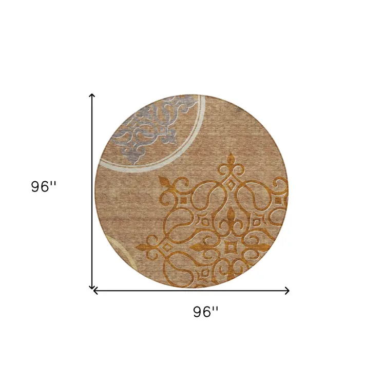 8' Terra Cotta Gold And Gray Round Floral Medallion Washable Indoor Outdoor Area Rug