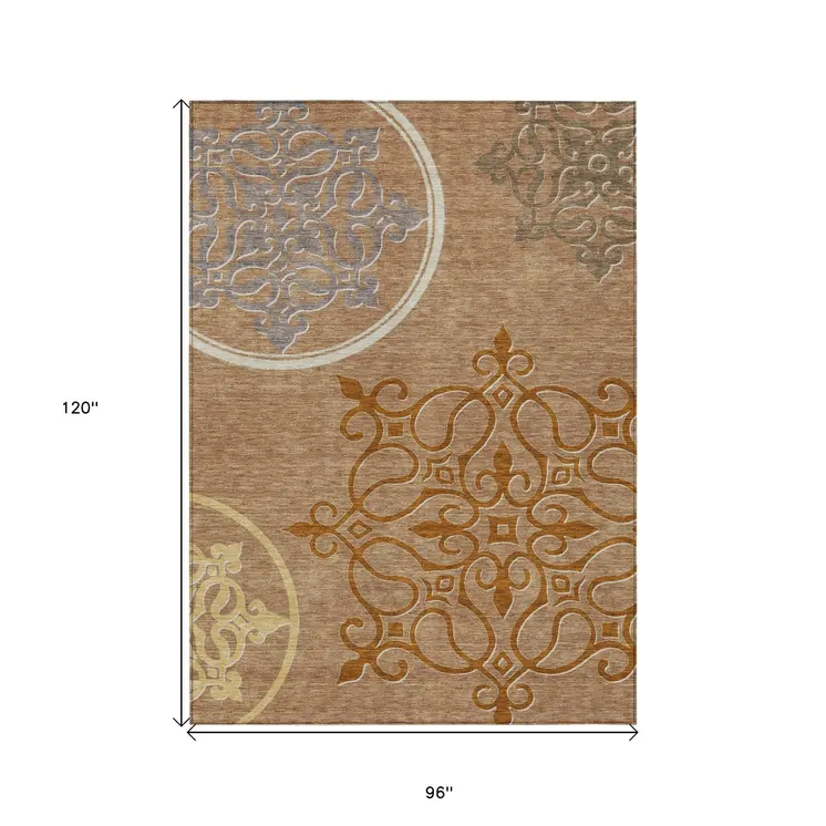 8' X 10' Terra Cotta Gold And Gray Floral Medallion Washable Indoor Outdoor Area Rug