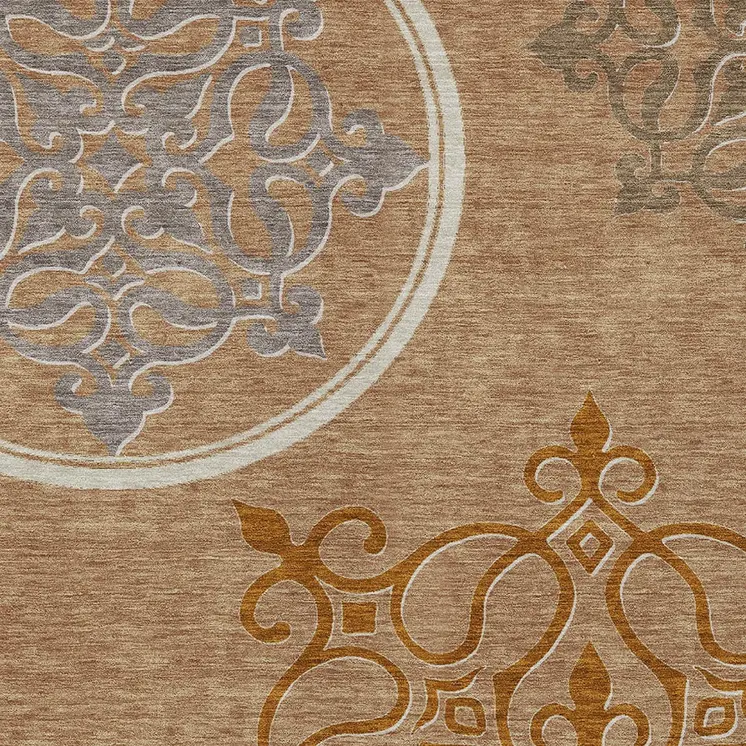 8' X 10' Terra Cotta Gold And Gray Floral Medallion Washable Indoor Outdoor Area Rug