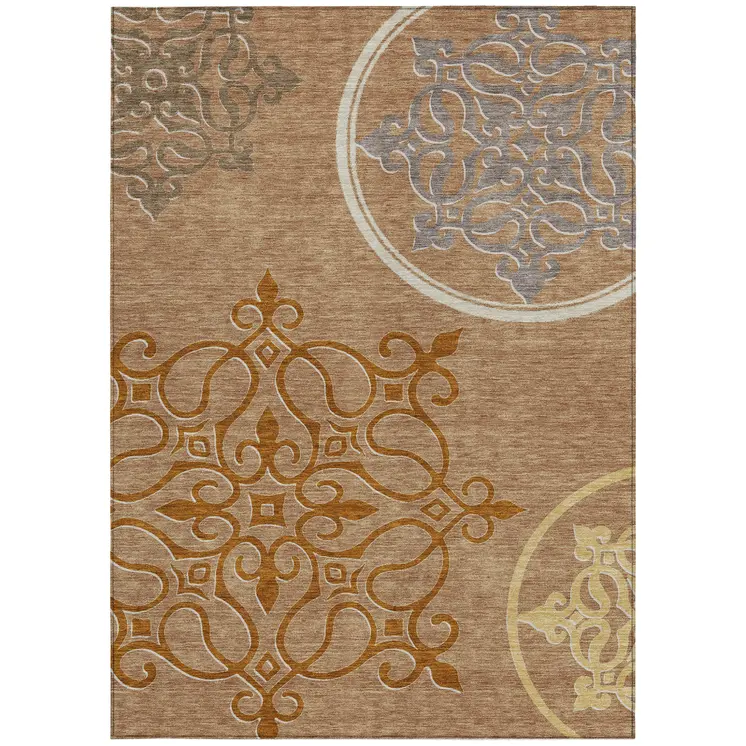 9' X 12' Terra Cotta Gold And Gray Floral Medallion Washable Indoor Outdoor Area Rug