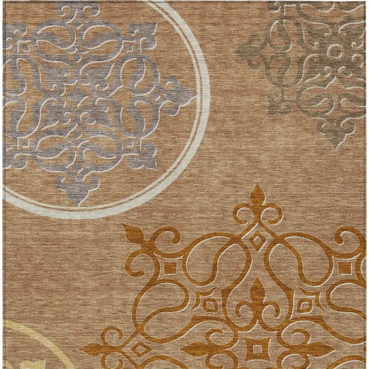 10' X 14' Terra Cotta Gold And Gray Floral Medallion Washable Indoor Outdoor Area Rug