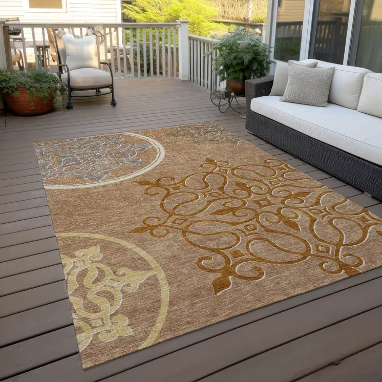10' X 14' Terra Cotta Gold And Gray Floral Medallion Washable Indoor Outdoor Area Rug
