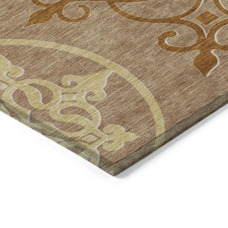 10' X 14' Terra Cotta Gold And Gray Floral Medallion Washable Indoor Outdoor Area Rug
