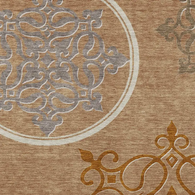 10' X 14' Terra Cotta Gold And Gray Floral Medallion Washable Indoor Outdoor Area Rug