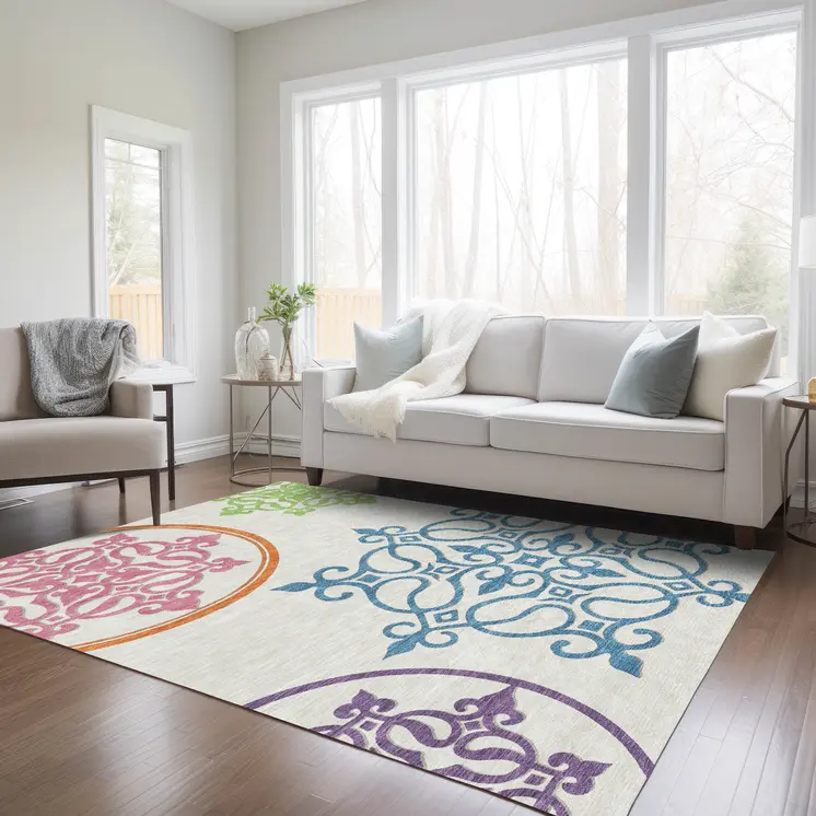 5' X 8' White Floral Medallion Washable Indoor Outdoor Area Rug