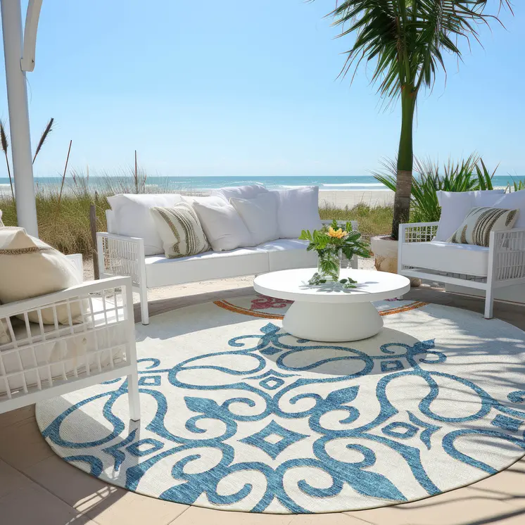 8' White Round Floral Medallion Washable Indoor Outdoor Area Rug