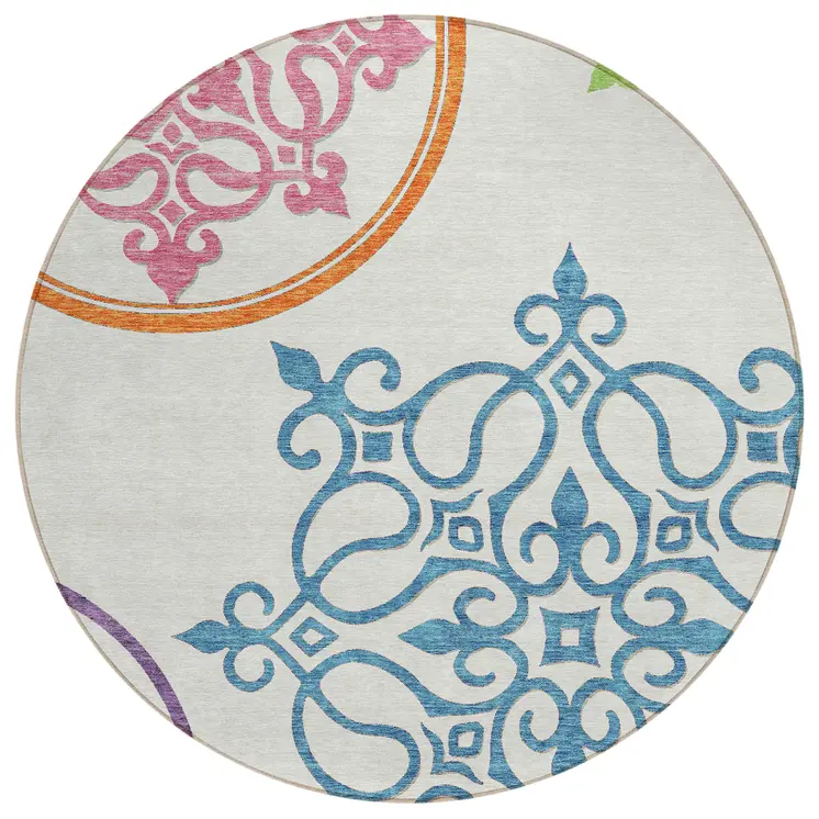8' White Round Floral Medallion Washable Indoor Outdoor Area Rug