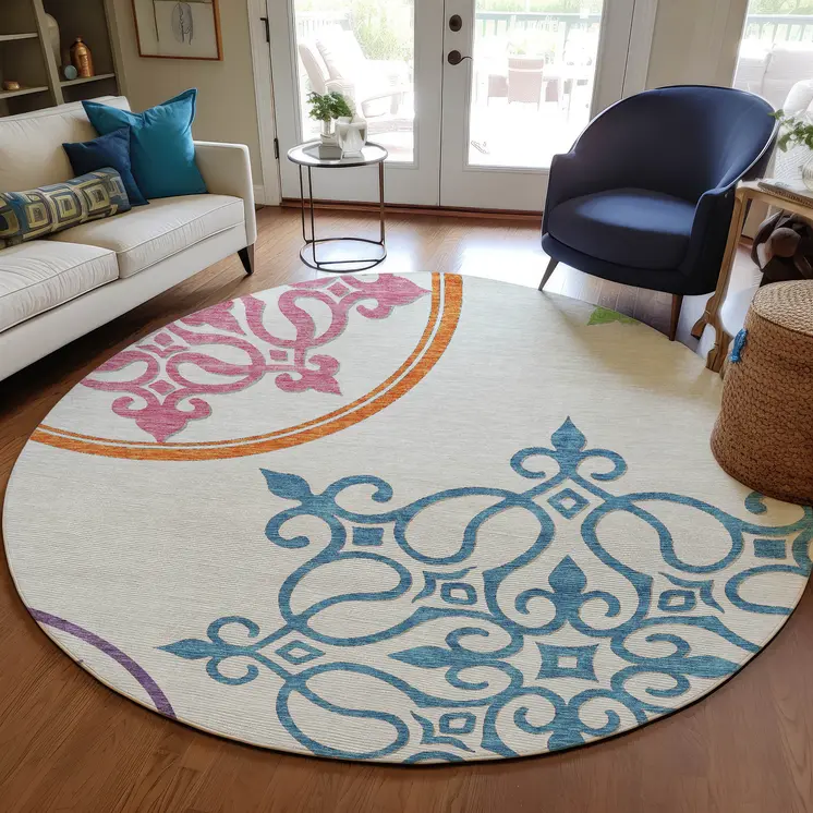 8' White Round Floral Medallion Washable Indoor Outdoor Area Rug