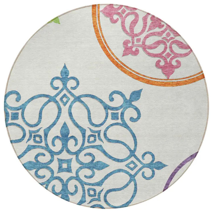 8' White Round Floral Medallion Washable Indoor Outdoor Area Rug