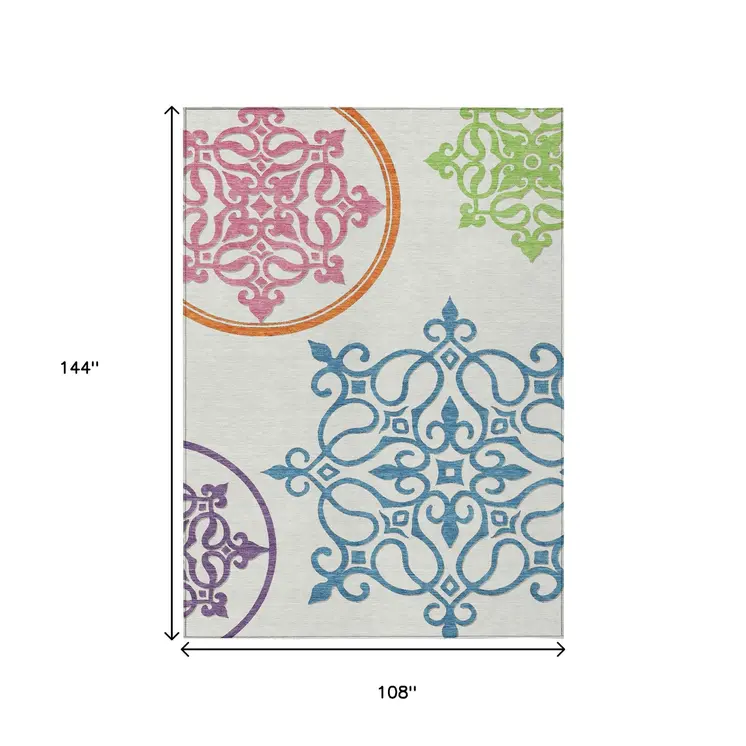 9' X 12' White Floral Medallion Washable Indoor Outdoor Area Rug