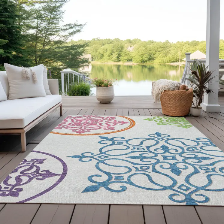 9' X 12' White Floral Medallion Washable Indoor Outdoor Area Rug