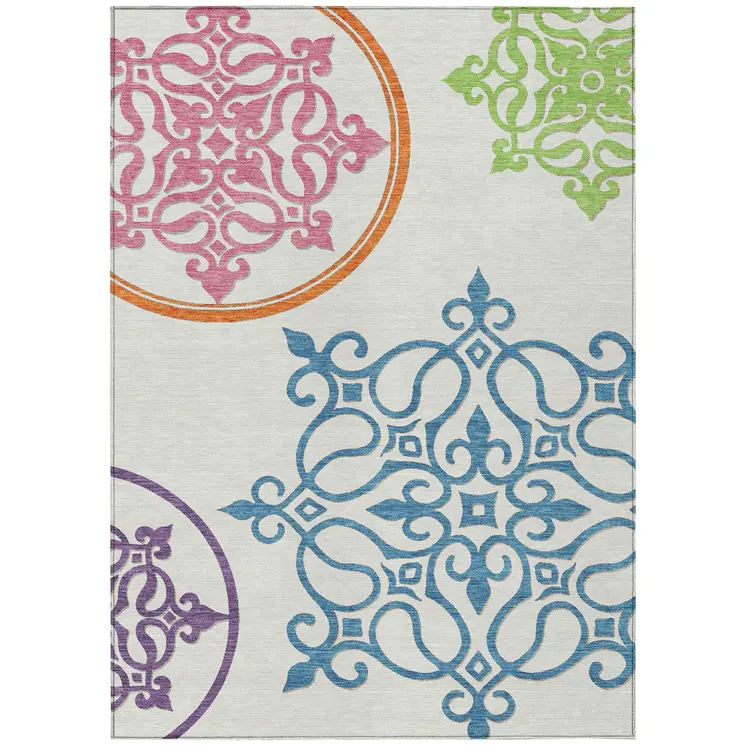 9' X 12' White Floral Medallion Washable Indoor Outdoor Area Rug