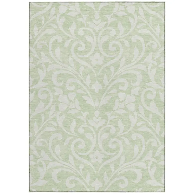5' X 8' Artichoke Green And Ivory Floral Washable Indoor Outdoor Area Rug