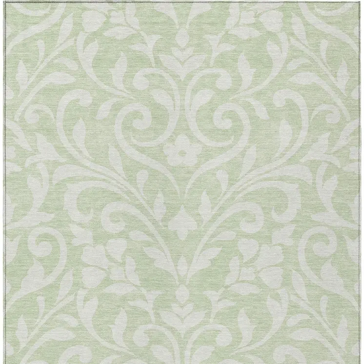 9' X 12' Artichoke Green And Ivory Floral Washable Indoor Outdoor Area Rug