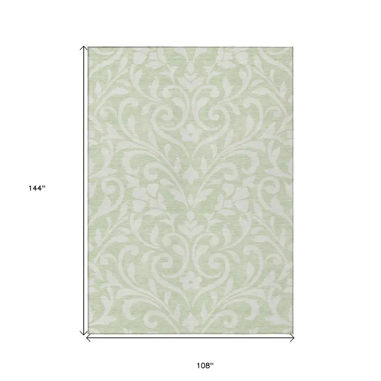 9' X 12' Artichoke Green And Ivory Floral Washable Indoor Outdoor Area Rug