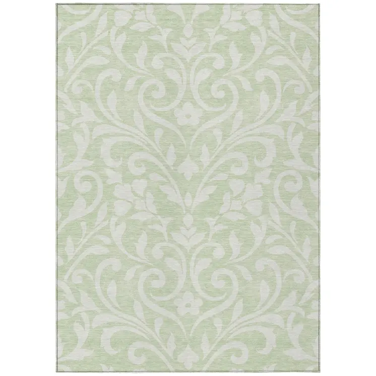 9' X 12' Artichoke Green And Ivory Floral Washable Indoor Outdoor Area Rug