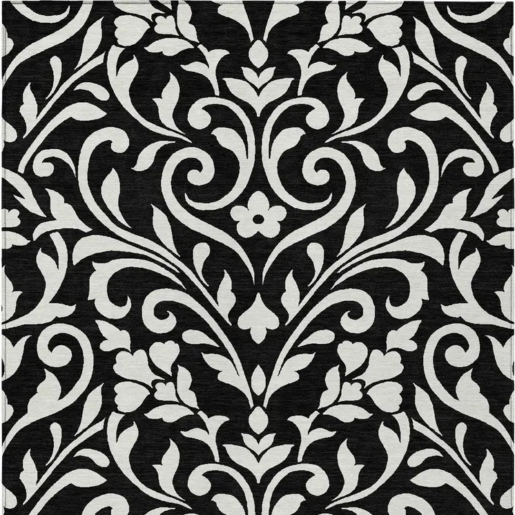 3' X 5' Black And Ivory Floral Washable Indoor Outdoor Area Rug