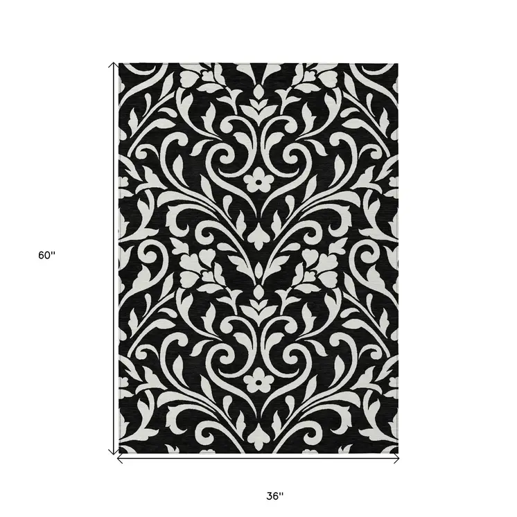 3' X 5' Black And Ivory Floral Washable Indoor Outdoor Area Rug