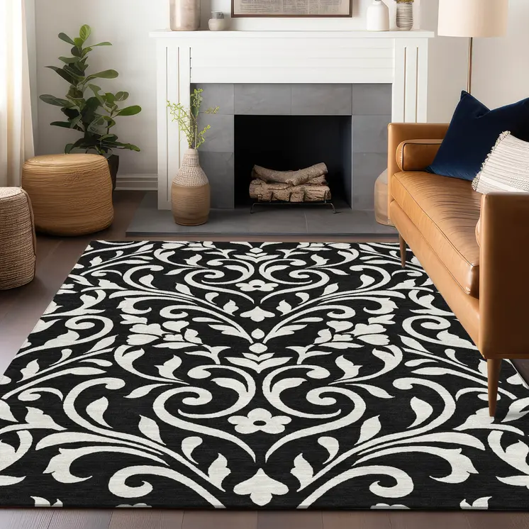 3' X 5' Black And Ivory Floral Washable Indoor Outdoor Area Rug