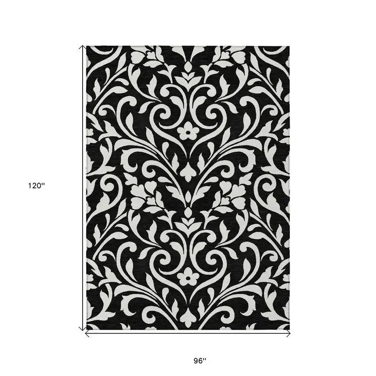 8' X 10' Black And Ivory Floral Washable Indoor Outdoor Area Rug