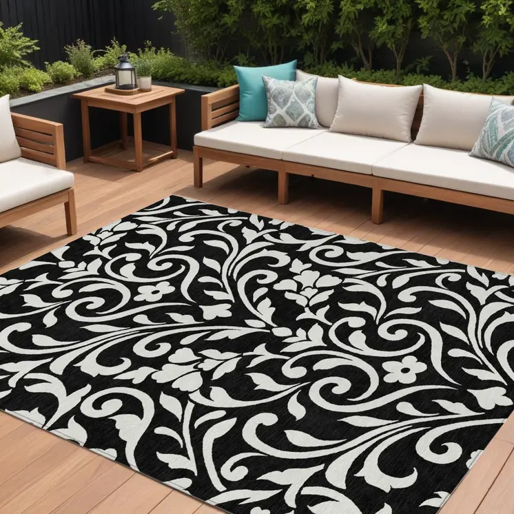 8' X 10' Black And Ivory Floral Washable Indoor Outdoor Area Rug