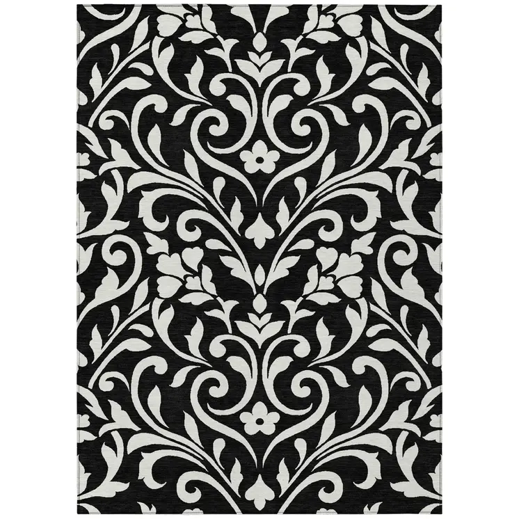 8' X 10' Black And Ivory Floral Washable Indoor Outdoor Area Rug