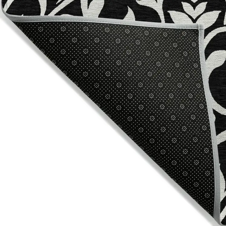 8' X 10' Black And Ivory Floral Washable Indoor Outdoor Area Rug