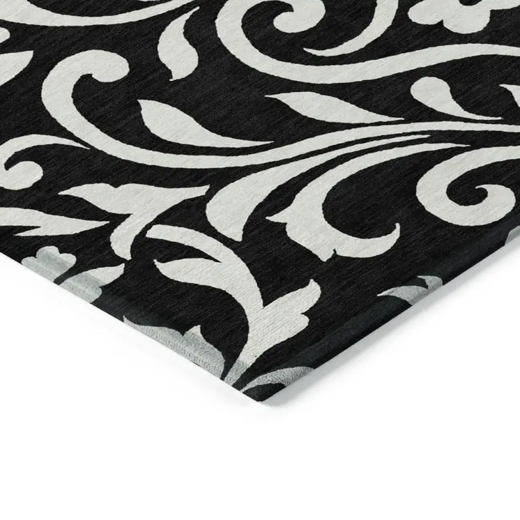 8' X 10' Black And Ivory Floral Washable Indoor Outdoor Area Rug