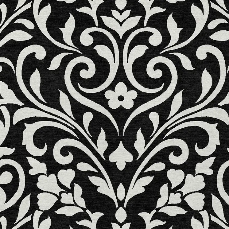 8' X 10' Black And Ivory Floral Washable Indoor Outdoor Area Rug