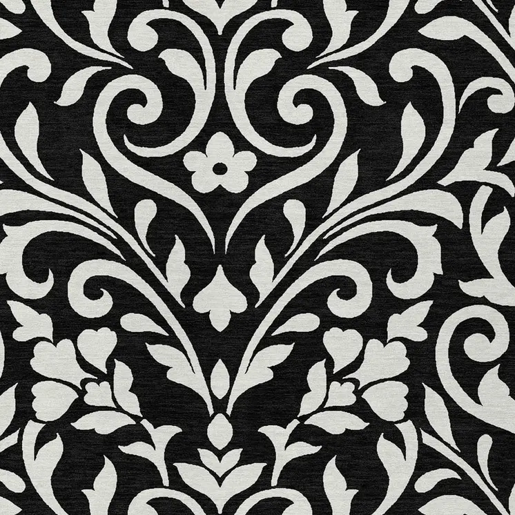 10' X 14' Black And Ivory Floral Washable Indoor Outdoor Area Rug