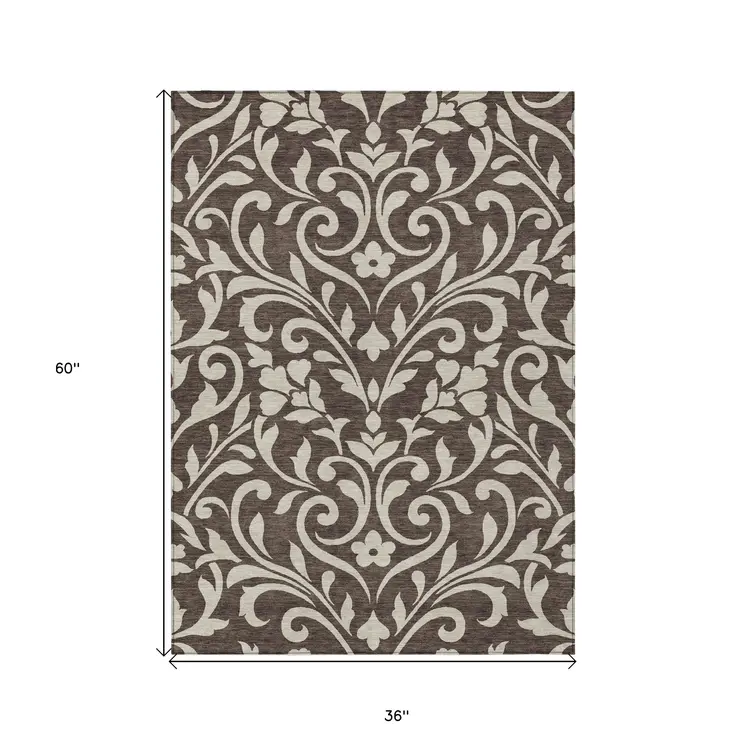 3' X 5' Chocolate And Ivory Floral Washable Indoor Outdoor Area Rug