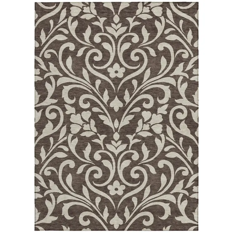 3' X 5' Chocolate And Ivory Floral Washable Indoor Outdoor Area Rug