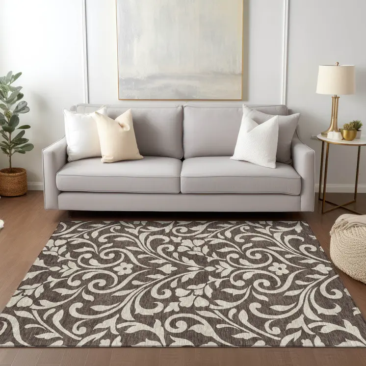 3' X 5' Chocolate And Ivory Floral Washable Indoor Outdoor Area Rug