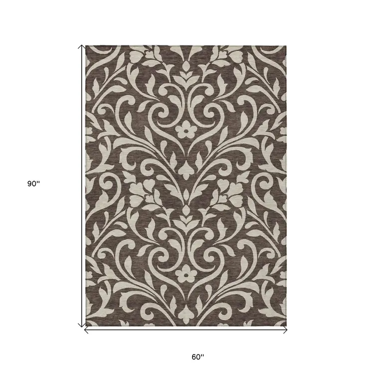 5' X 8' Chocolate And Ivory Floral Washable Indoor Outdoor Area Rug