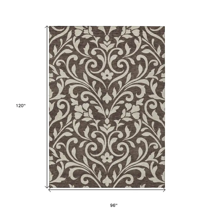 8' X 10' Chocolate And Ivory Floral Washable Indoor Outdoor Area Rug