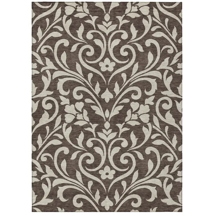 8' X 10' Chocolate And Ivory Floral Washable Indoor Outdoor Area Rug