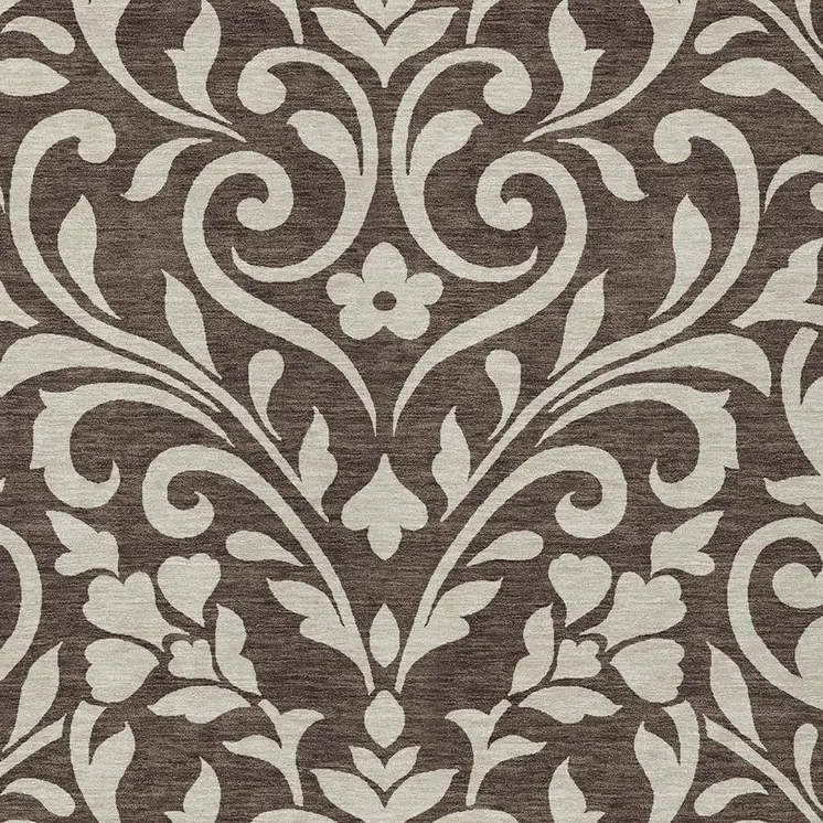 8' X 10' Chocolate And Ivory Floral Washable Indoor Outdoor Area Rug