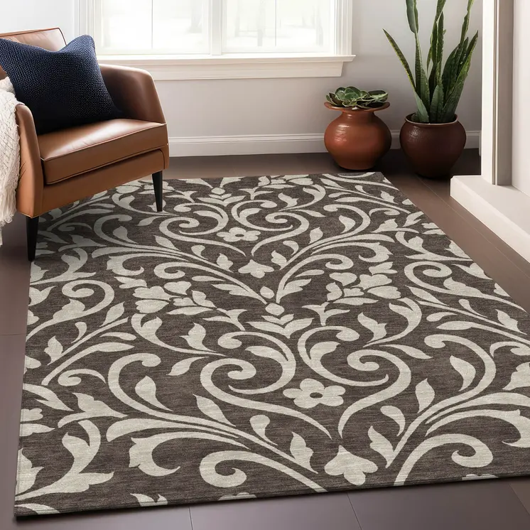 8' X 10' Chocolate And Ivory Floral Washable Indoor Outdoor Area Rug