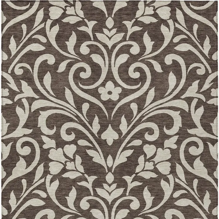 9' X 12' Chocolate And Ivory Floral Washable Indoor Outdoor Area Rug