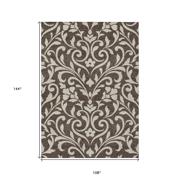 9' X 12' Chocolate And Ivory Floral Washable Indoor Outdoor Area Rug