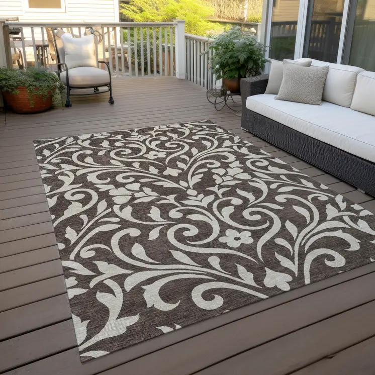 9' X 12' Chocolate And Ivory Floral Washable Indoor Outdoor Area Rug
