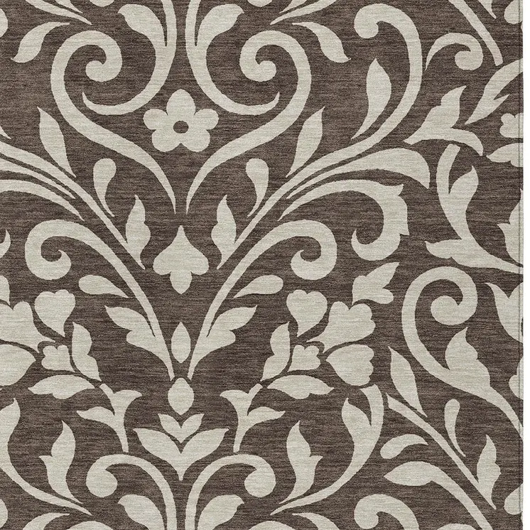 9' X 12' Chocolate And Ivory Floral Washable Indoor Outdoor Area Rug