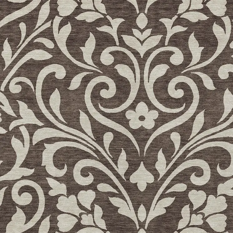 10' X 14' Chocolate And Ivory Floral Washable Indoor Outdoor Area Rug